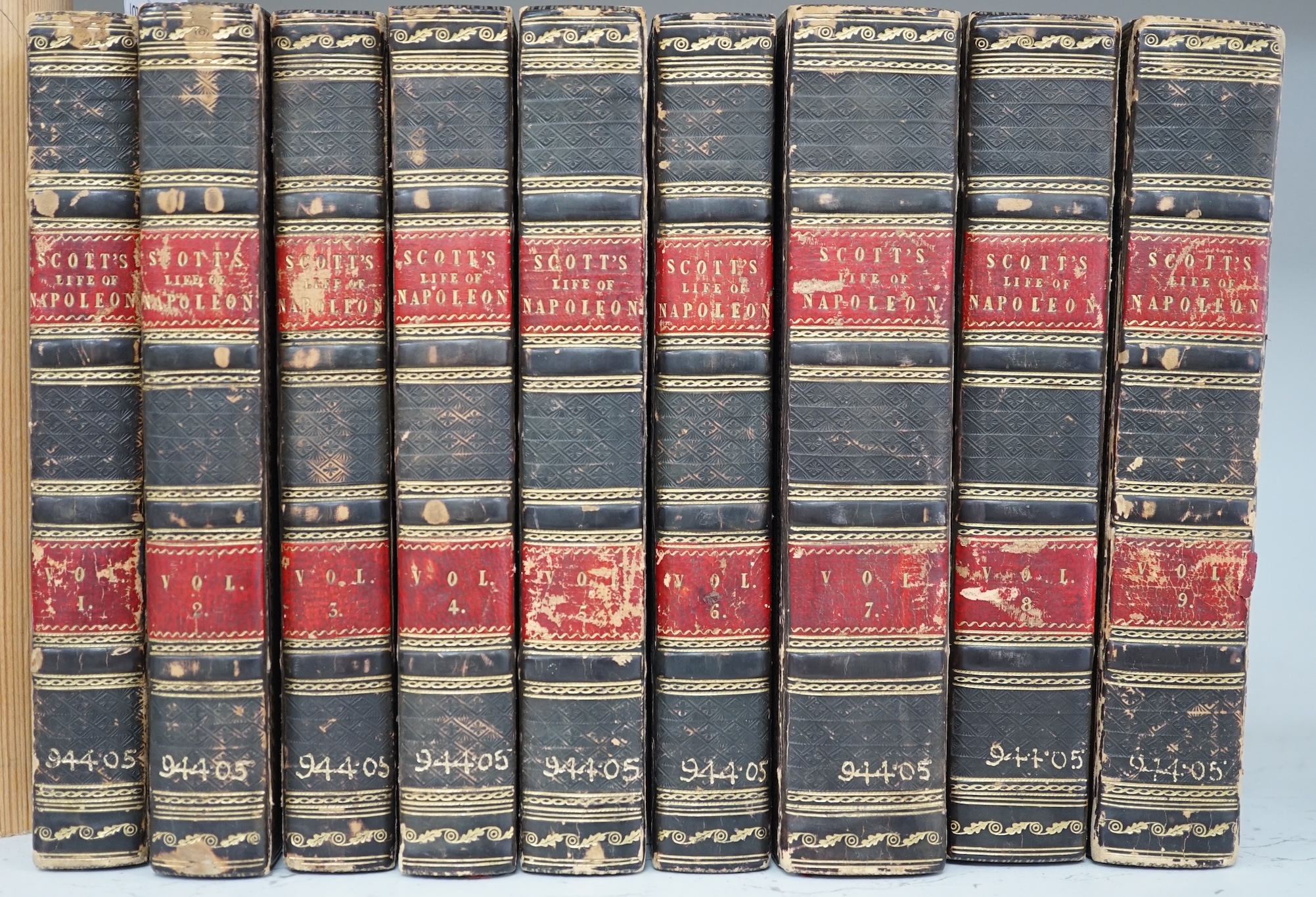 [Scott, Sir Walter] - The Life of Napoleon Buonaparte, Emperor of the French ... 9 vols. half titles and errata slips; 19th century gilt decorated calf, panelled spines with red labels, marbled edges, cr.8vo. Edinburgh,